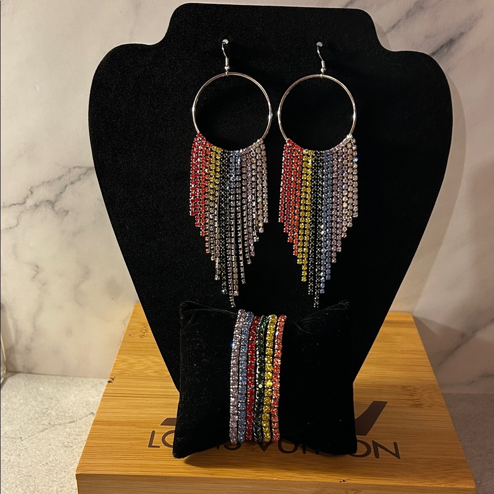 Multicolor Beaded Hoop Earrings and Bracelet Set